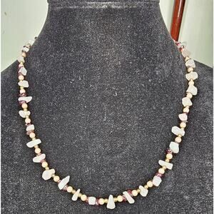 Multi-Gem Necklace [Bronze, Quartz, Garnet & Faux Pink Pearls] Size 20.5"